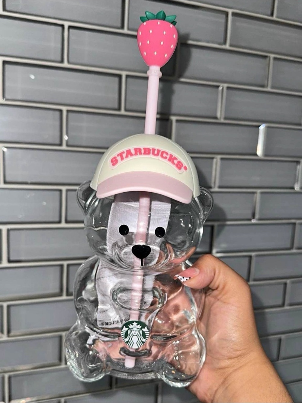 Starbucks Kids Clear Bear Cup with Pink Strawberry Straw
